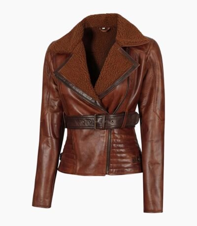 Asymmetrical Ladies Motorcycle Genuine Shearling Leather Jacket
