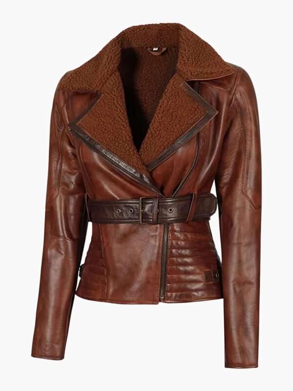 Asymmetrical Ladies Motorcycle Genuine Shearling Leather Jacket