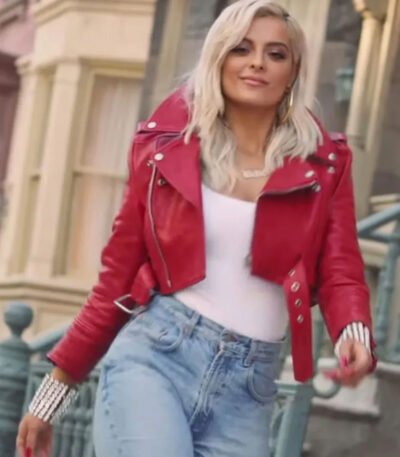 Bebe Rexha The Way I Are Red Cropped Leather Jacket