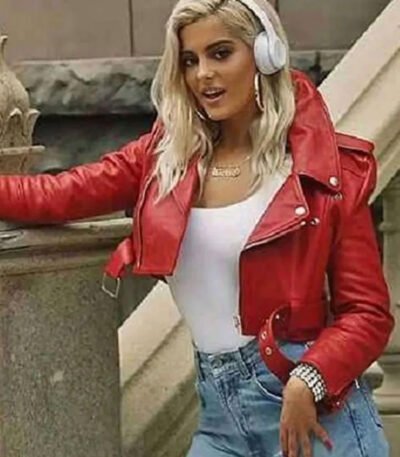 Bebe Rexha The Way I Are Red Cropped Leather Jacket