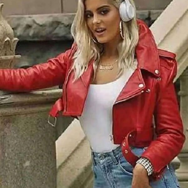 Bebe Rexha The Way I Are Red Cropped Leather Jacket