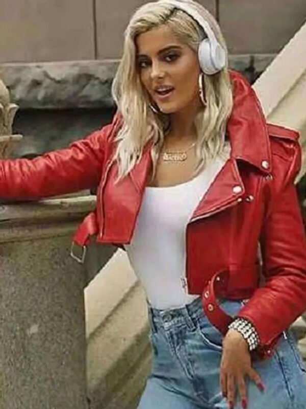 Bebe Rexha The Way I Are Red Cropped Leather Jacket