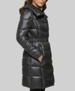 Black Belted Puffer With Funnel Neck