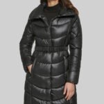 Black Belted Puffer With Funnel Neck