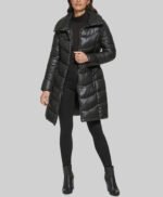 Black Belted Puffer With Funnel Neck