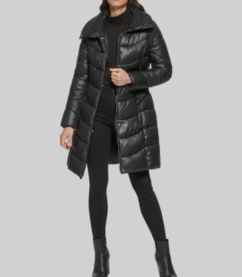 Black Belted Puffer With Funnel Neck
