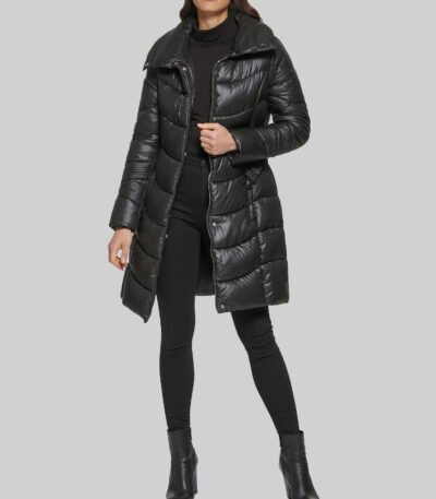 Black Belted Puffer With Funnel Neck