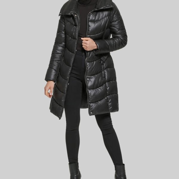 Black Belted Puffer With Funnel Neck