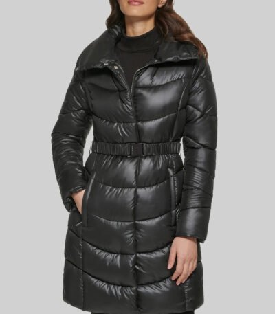 Black Belted Puffer With Funnel Neck