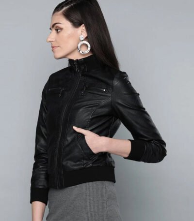 Black Bomber Leather Jacket For Women