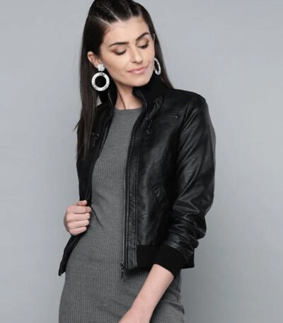 Black Bomber Leather Jacket For Women