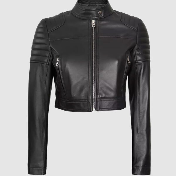 Black Cropped Leather Cafe Racer Jacket for Women