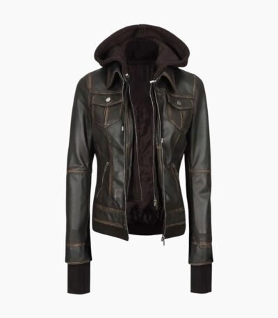 Black Genuine Lambskin Leather Hooded Bomber Jacket