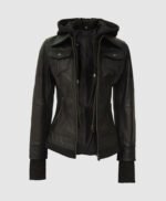 Black Leather Bomber Jacket with Hood
