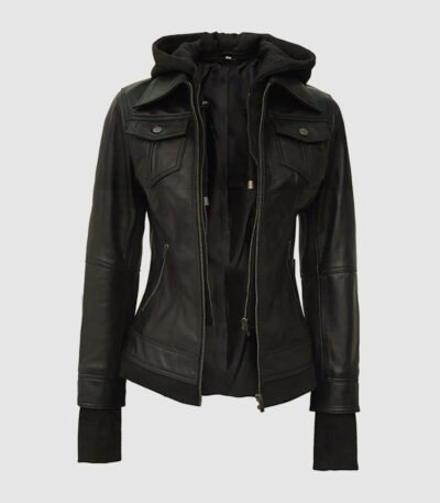 Black Leather Bomber Jacket with Hood