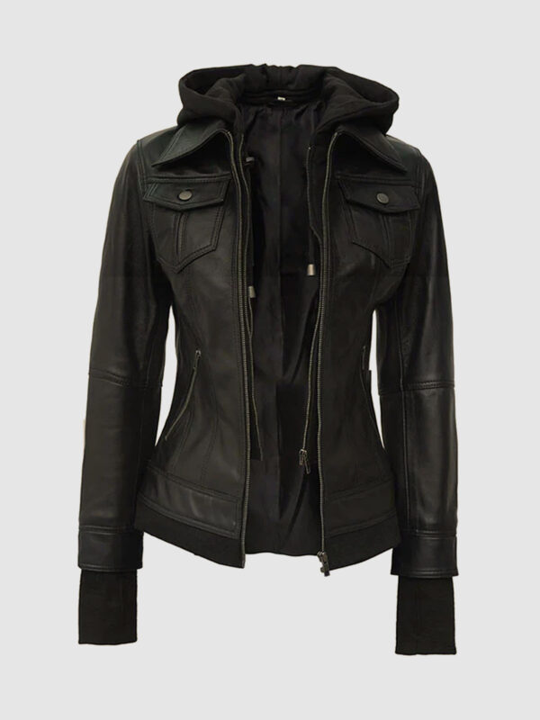 Black Leather Bomber Jacket with Hood