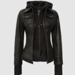Black Leather Bomber Jacket with Hood