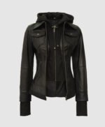 Black Leather Bomber Jacket with Hood