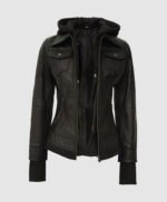 Black Leather Bomber Jacket with Hood