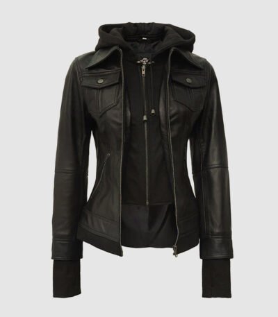 Black Leather Bomber Jacket with Hood