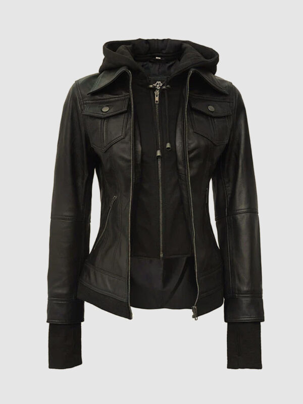 Black Leather Bomber Jacket with Hood