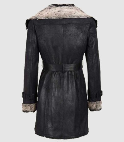 Black Leather Genuine Shearling Mid Length Coat