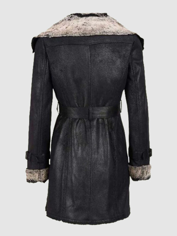 Black Leather Genuine Shearling Mid Length Coat