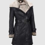 Black Leather Genuine Shearling Mid Length Coat
