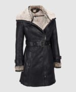 Black Leather Genuine Shearling Mid Length Coat