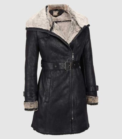 Black Leather Genuine Shearling Mid Length Coat