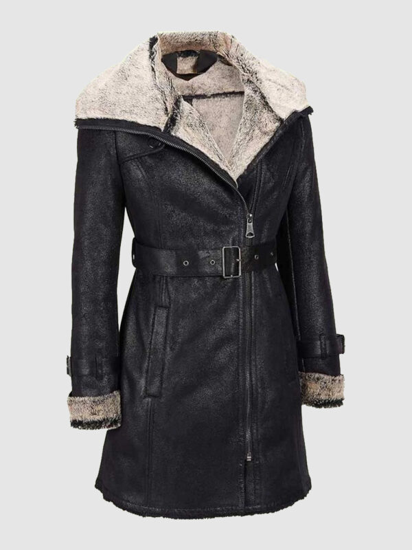 Black Leather Genuine Shearling Mid Length Coat