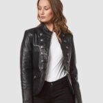 Black Military Style Leather Blazer Jacket For Women