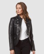 Black Military Style Leather Blazer Jacket For Women