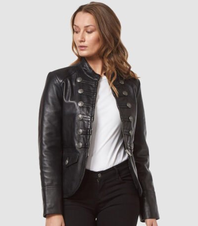 Black Military Style Leather Blazer Jacket For Women