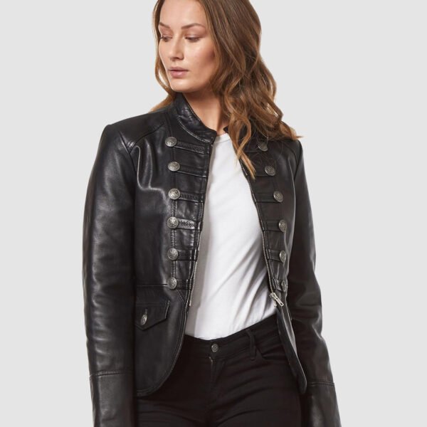 Black Military Style Leather Blazer Jacket For Women By MJH