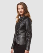 Black Military Style Leather Blazer Jacket For Women