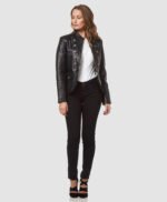 Black Military Style Leather Blazer Jacket For Women