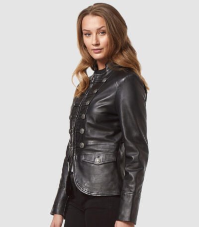 Black Military Style Leather Blazer Jacket For Women