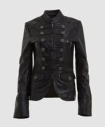 Black Military Style Leather Blazer Jacket For Women