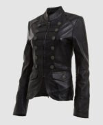 Black Military Style Leather Blazer Jacket For Women