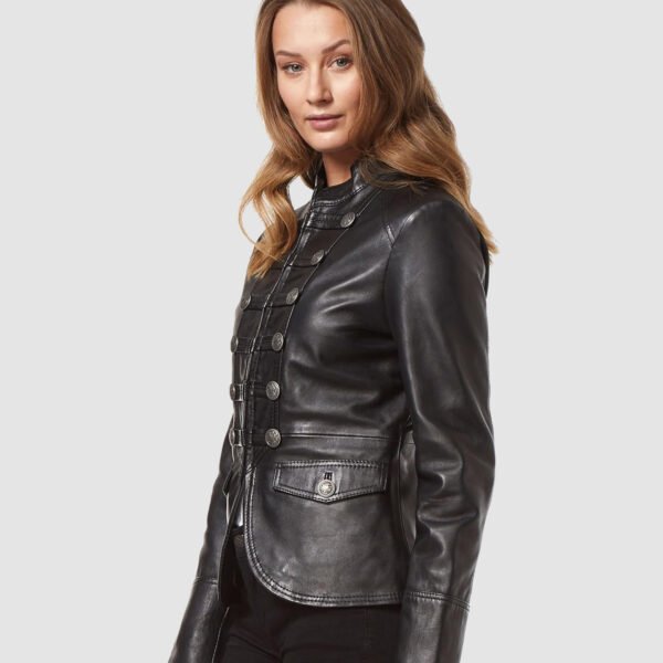 Black Military Style Leather Blazer Jacket For Women By MJH