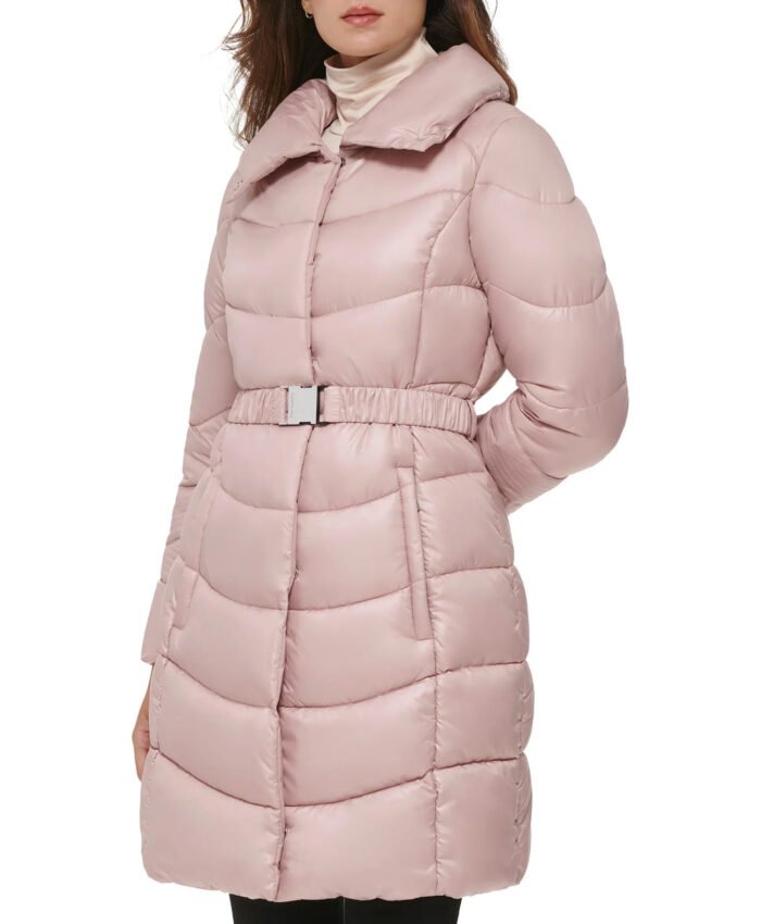 Blush Belted Puffer With Funnel Neck