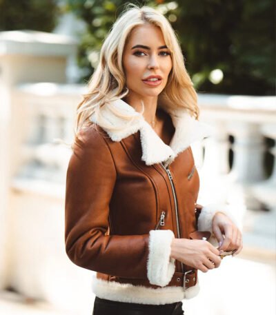 Brown Aviator Shearling Jacket For Women