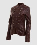 Brown Military Style Leather Blazer Jacket For Women