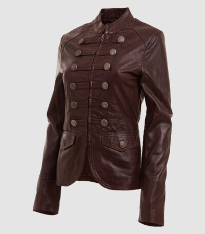 Brown Military Style Leather Blazer Jacket For Women