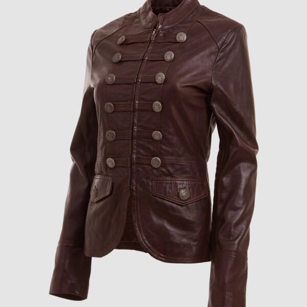 Brown Military Style Leather Blazer Jacket For Women By MJH