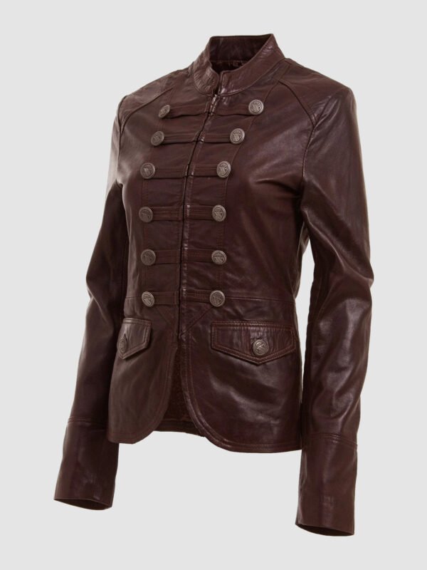 Brown Military Style Leather Blazer Jacket For Women