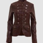 Brown Military Style Leather Blazer Jacket For Women
