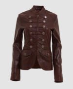 Brown Military Style Leather Blazer Jacket For Women