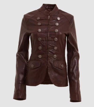 Brown Military Style Leather Blazer Jacket For Women